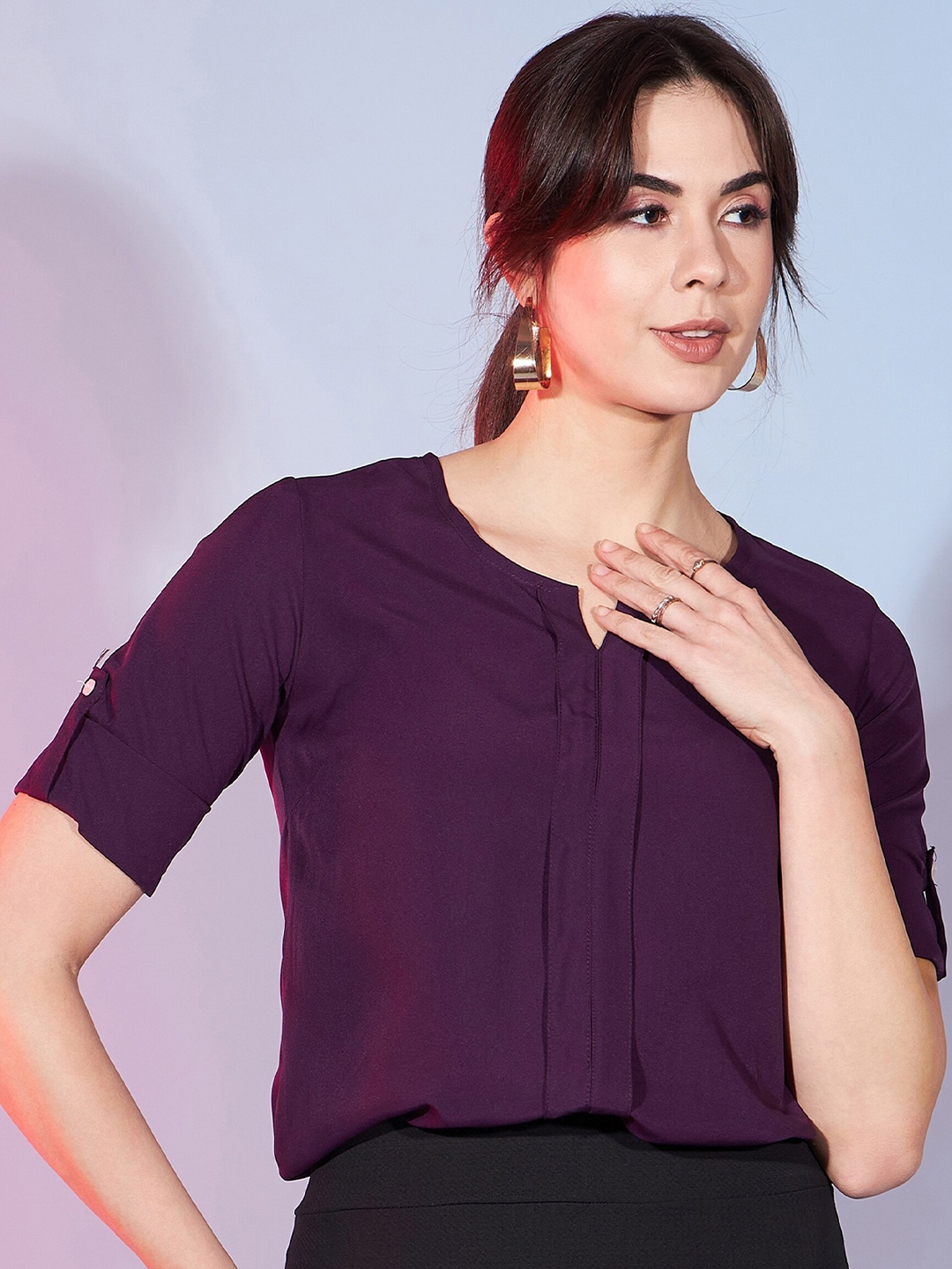 

DressBerry Purple Notched Neck Blouson Top