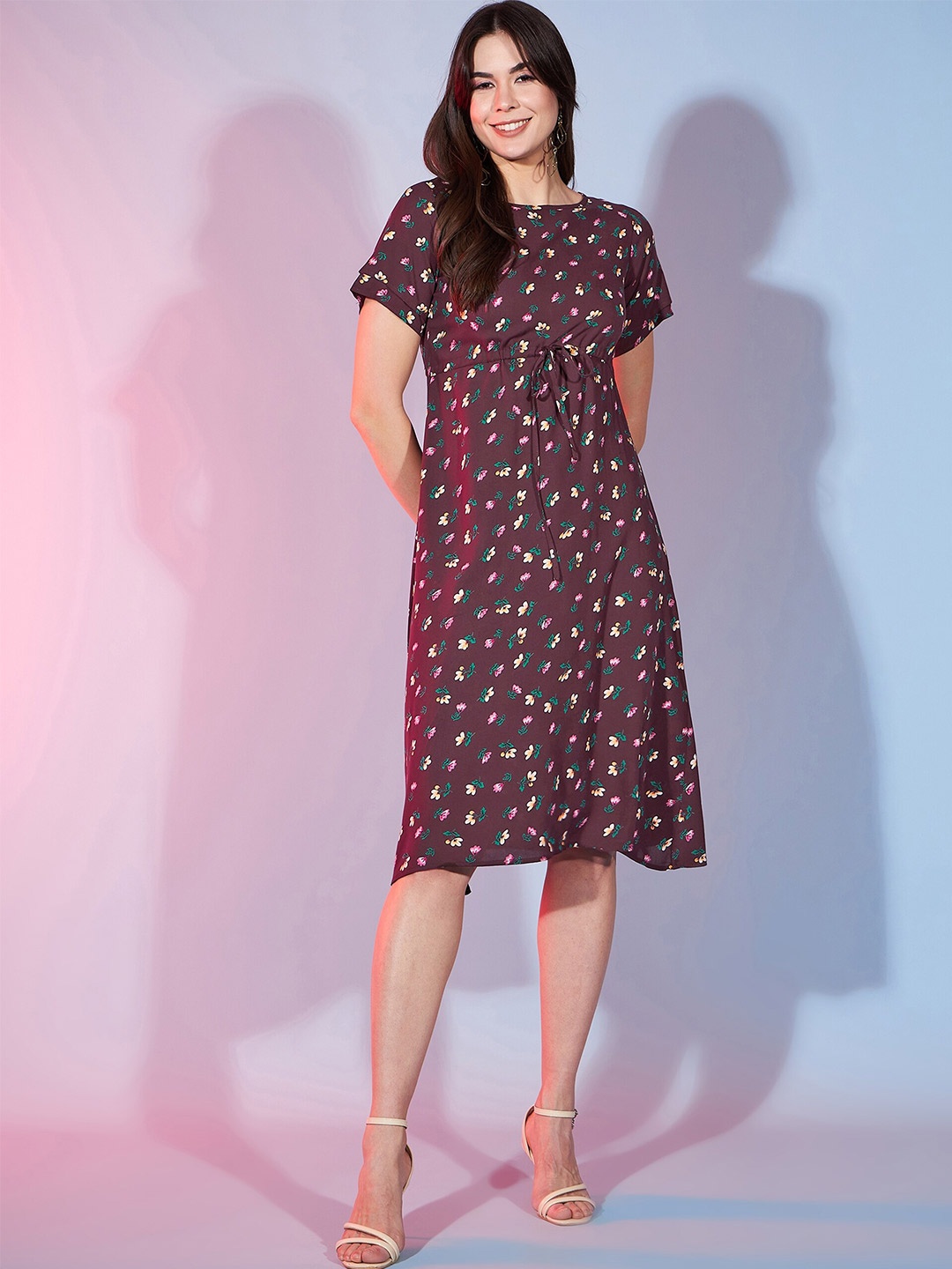 

DressBerry Brown Floral Printed Round Neck Flared Fit & Flare Dress