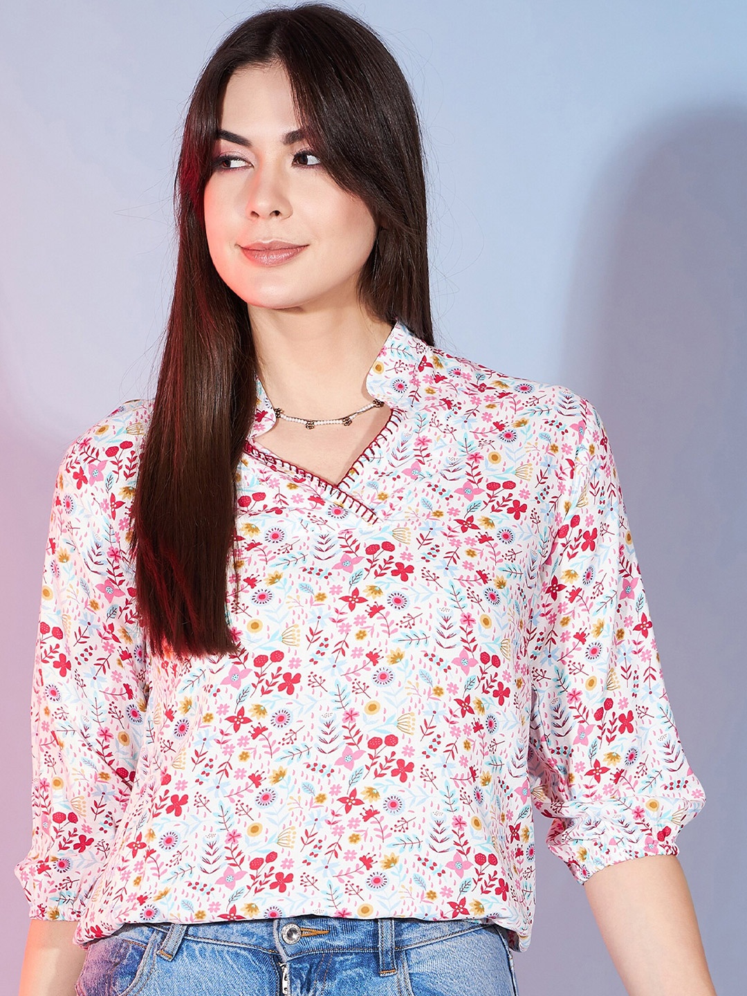

DressBerry Floral Print Shirt Style Top, White