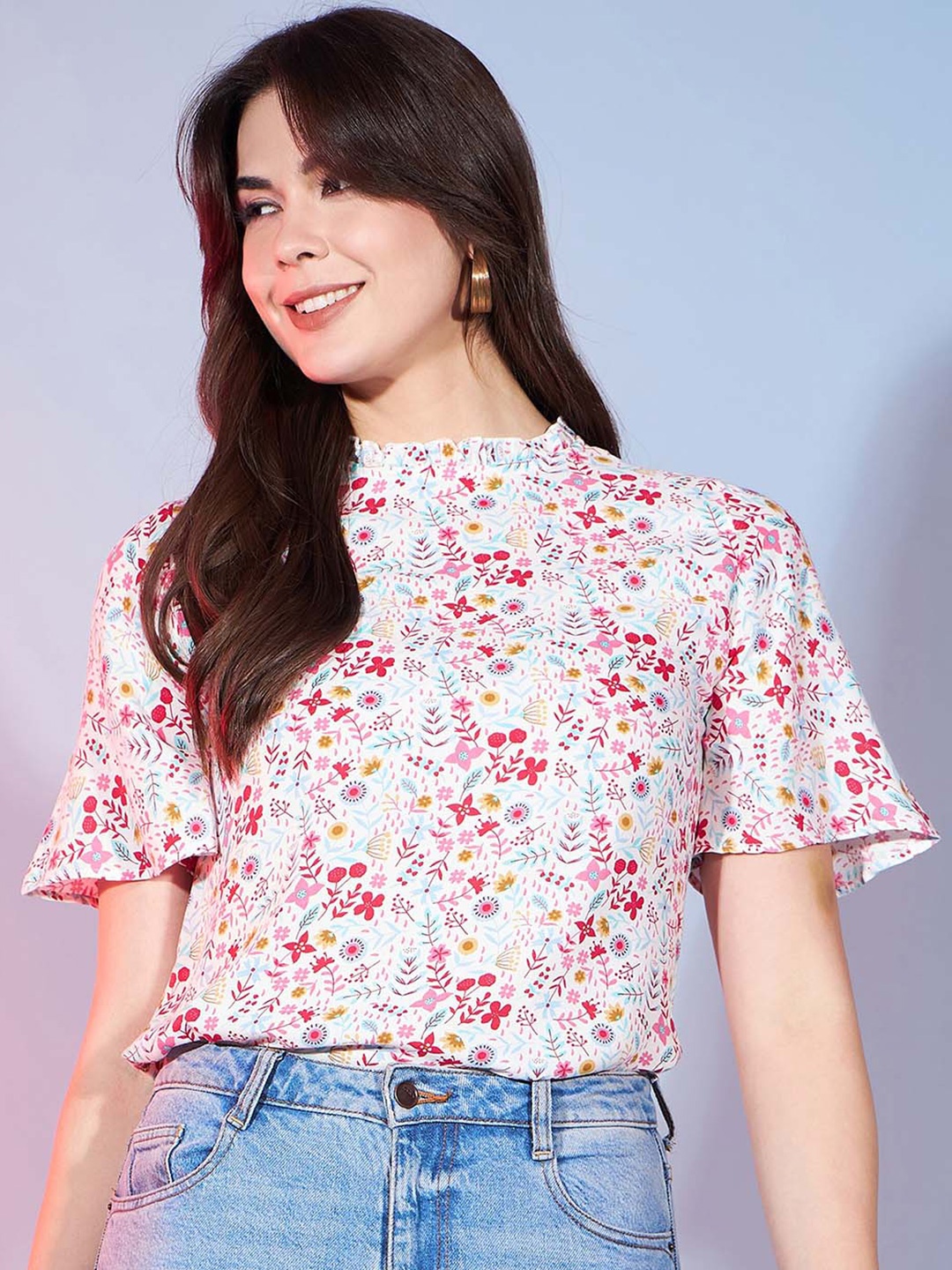 

DressBerry Print Mandarin Collar Bell Sleeve Top, White