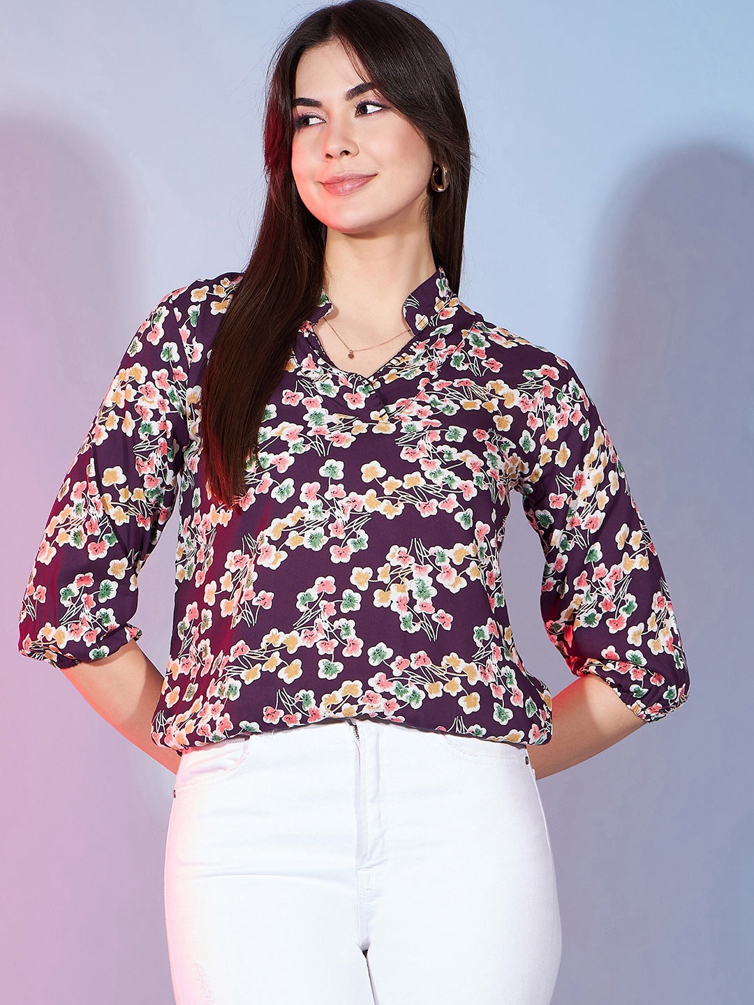 

DressBerry Floral Printed Mandarin Collar Shirt Style Top, Maroon