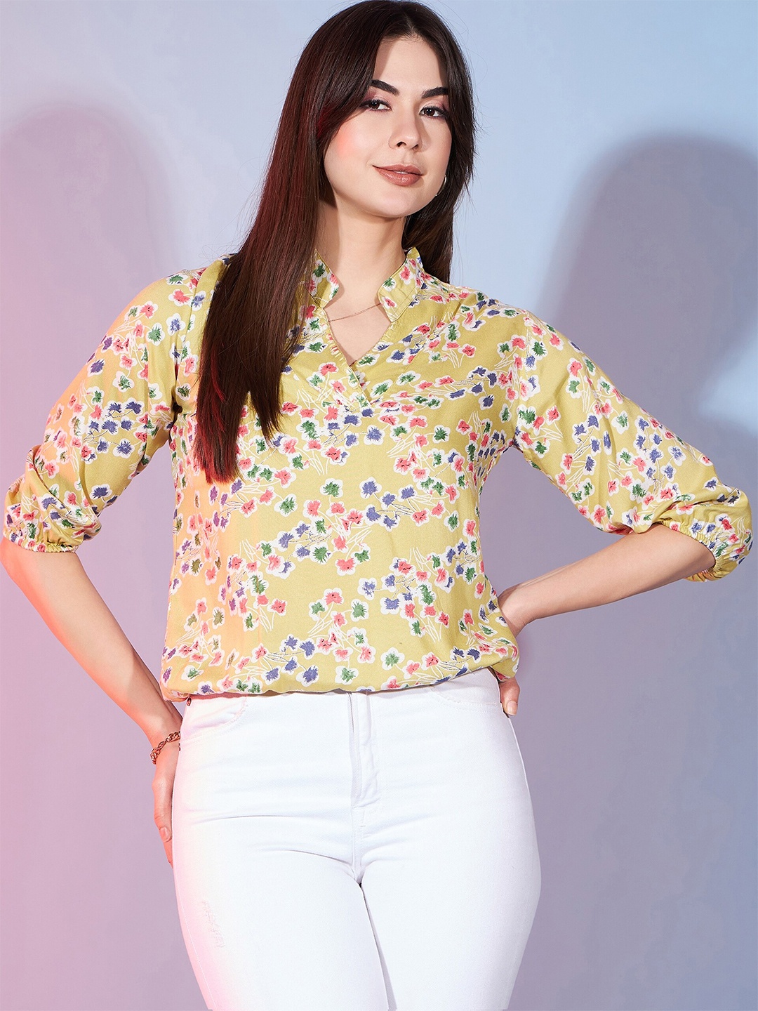 

DressBerry Floral Printed Mandarin Collar Roll-Up Sleeves Top, Green