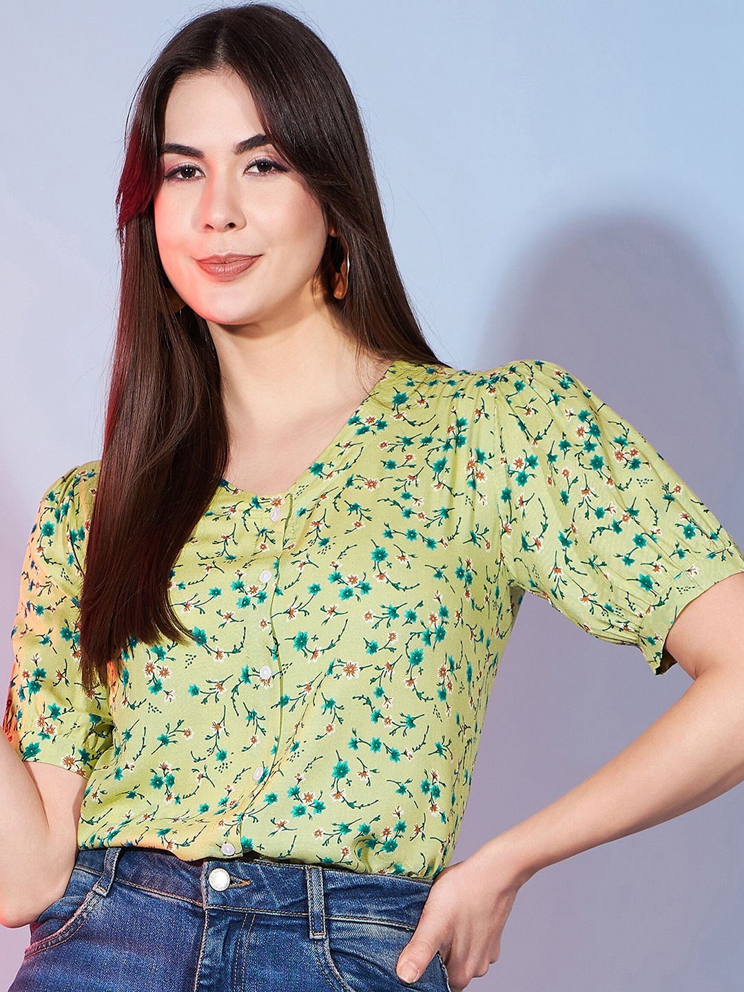 

DressBerry V-Neck Floral Printed Short Sleeves Top, Green