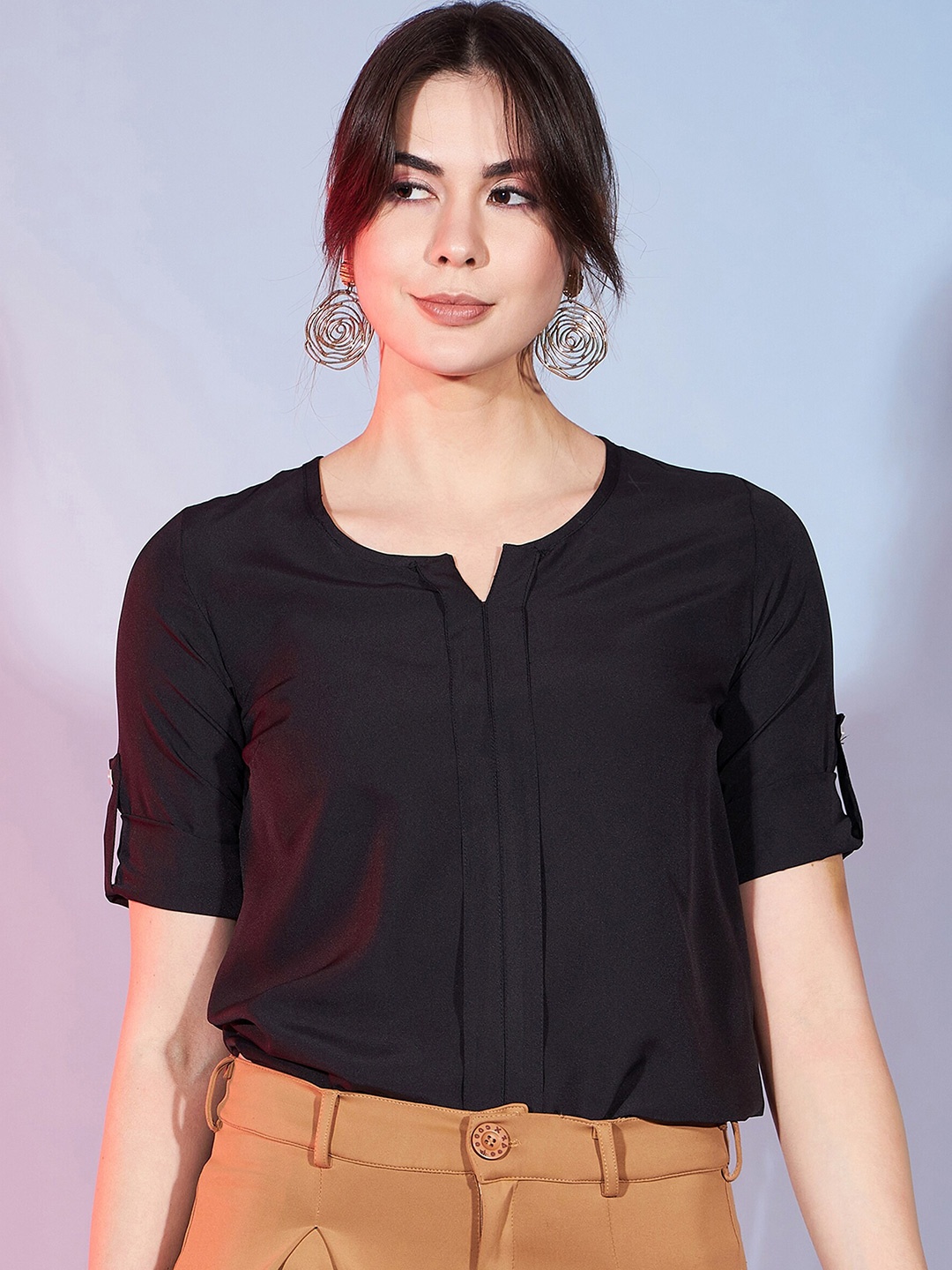 

DressBerry Notched Round Neck Roll-Up Sleeves Top, Black