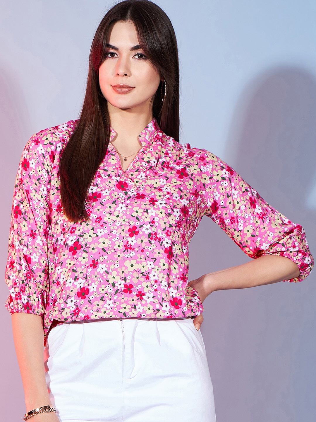 

DressBerry Fuchsia Floral Printed Mandarin Collar Three-Quarter Sleeves Top