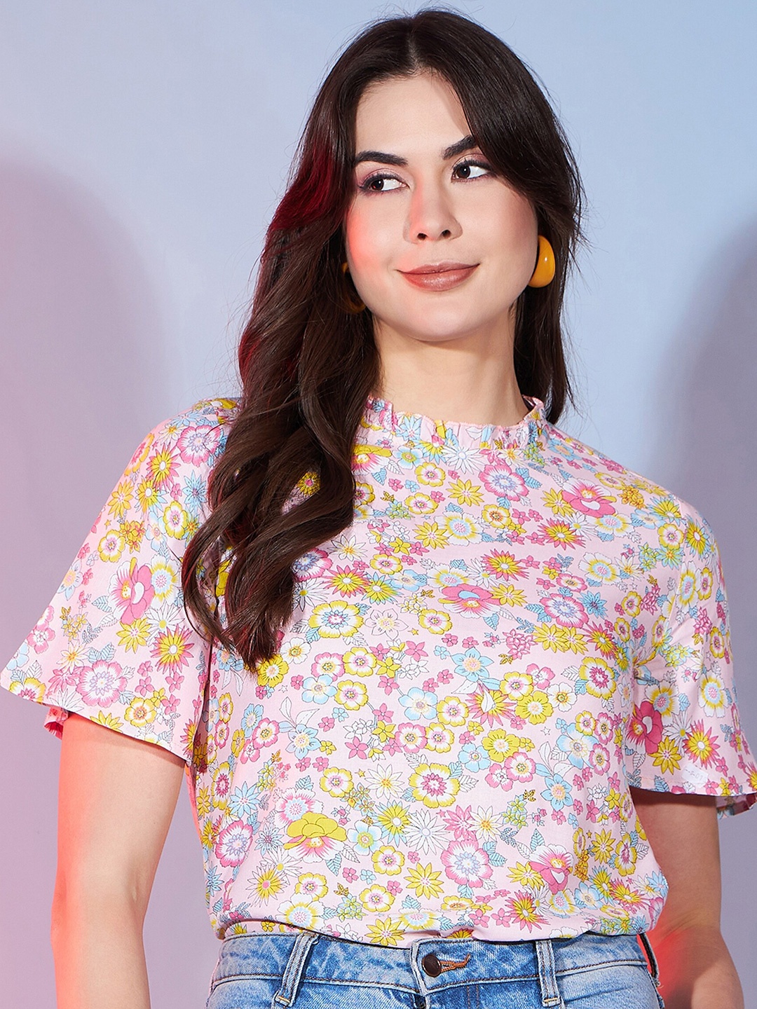 

DressBerry Floral Printed Round Neck Short Sleeves Top, Pink