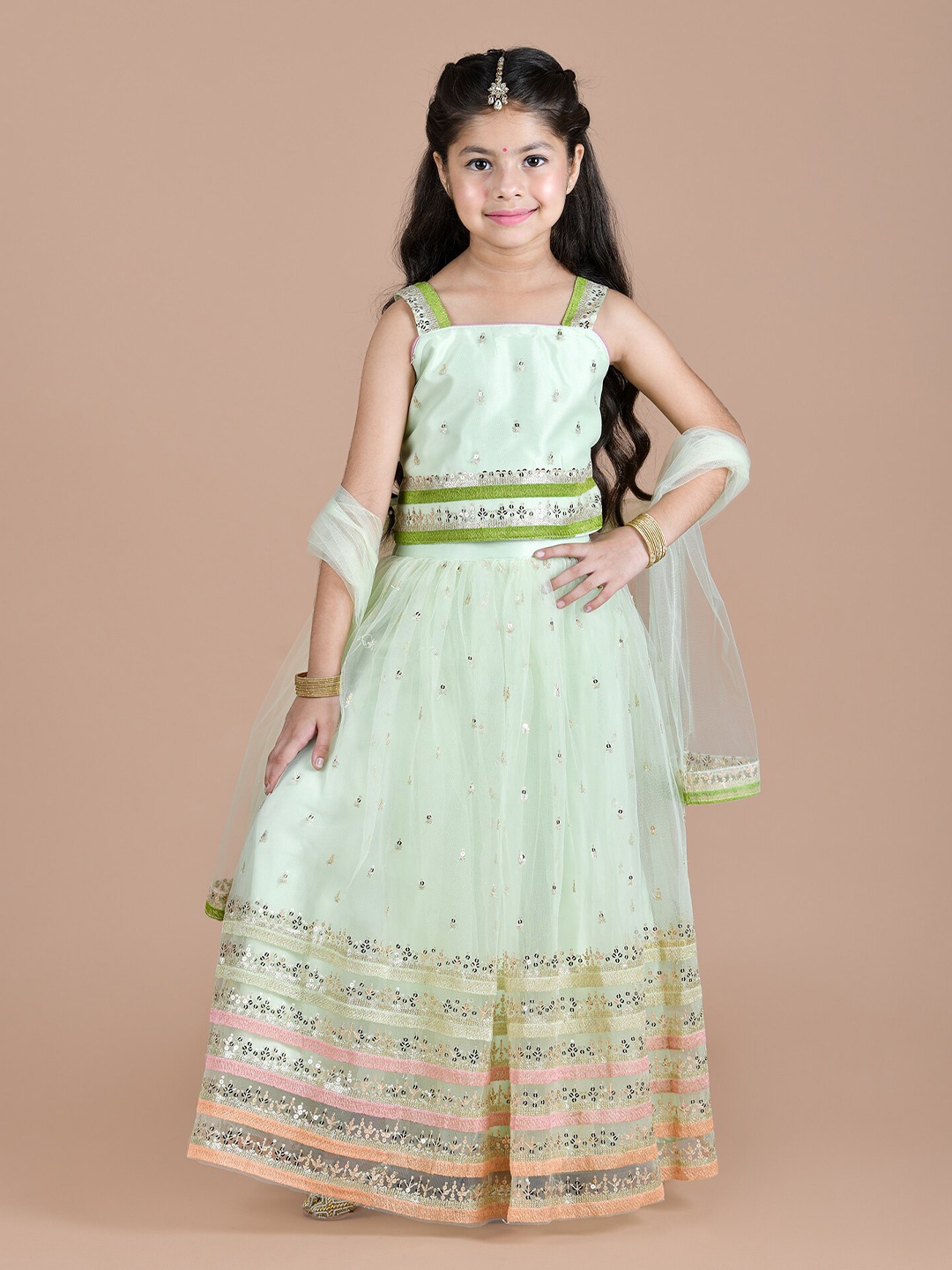 

BAESD Girls Embellished Thread Work Ready to Wear Lehenga & Blouse With Dupatta, Green