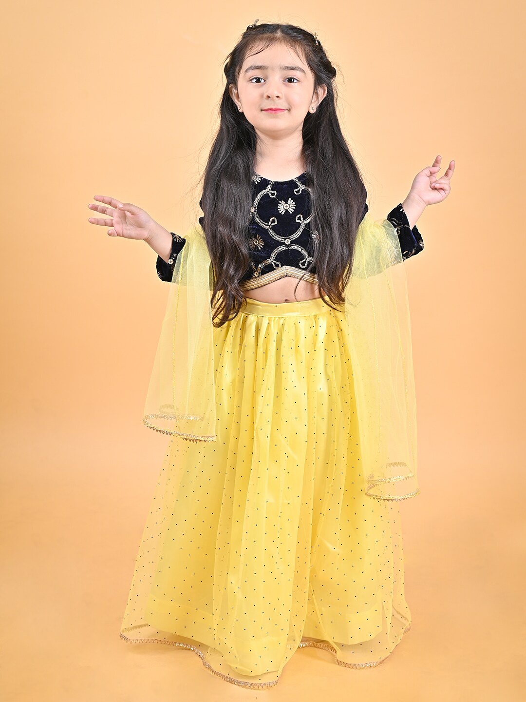 

BAESD Girls Embellished Mukaish Ready to Wear Lehenga & Blouse With Dupatta, Yellow