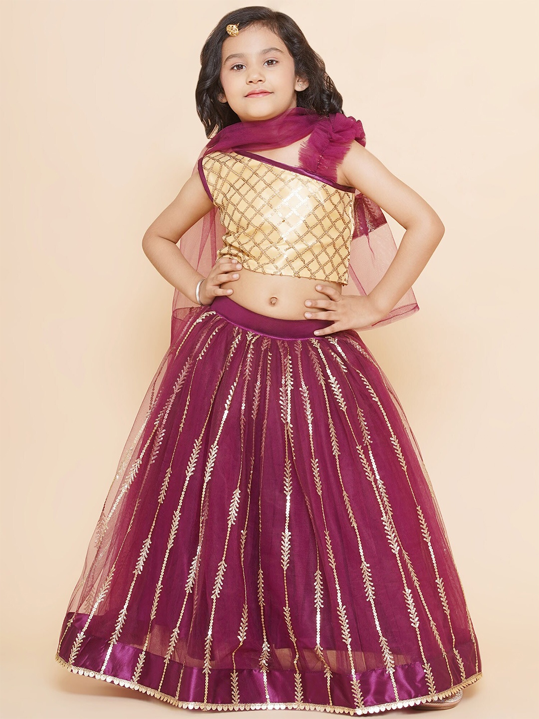 

BAESD Girls Embellished Sequinned Ready to Wear Lehenga & Blouse With Dupatta, Purple