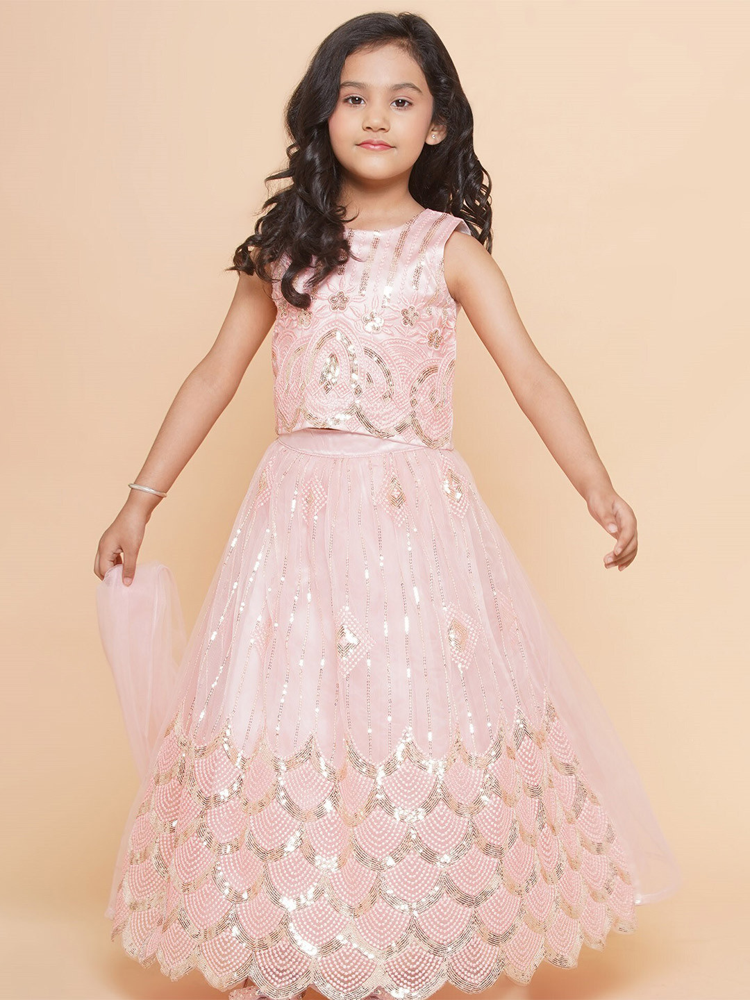 

BAESD Girls Embellished Sequinned Ready to Wear Lehenga & Blouse With Dupatta, Peach