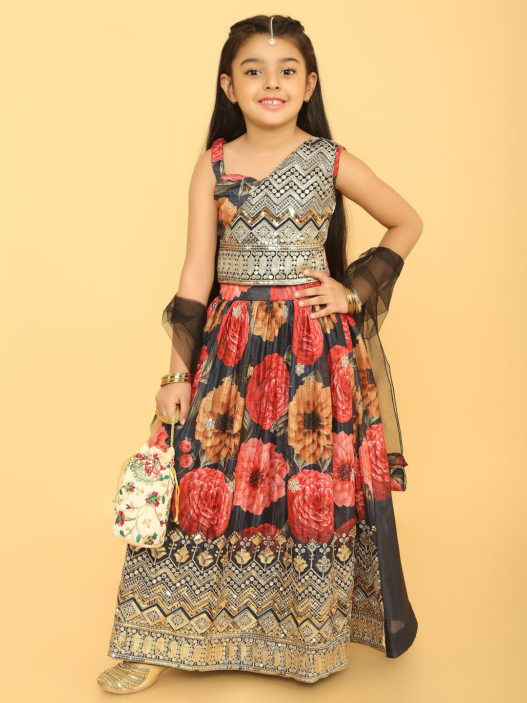 

BAESD Girls Embroidered Thread Work Satin Ready to Wear Lehenga & Blouse With Dupatta, Black