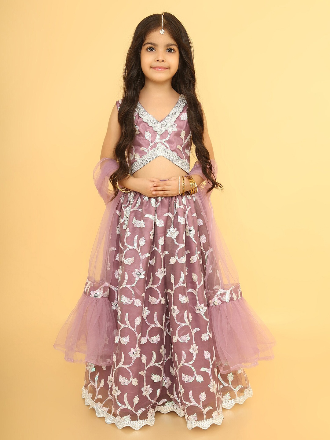

BAESD Girls Embroidered Thread Work Ready to Wear Lehenga & Blouse With Dupatta, Purple