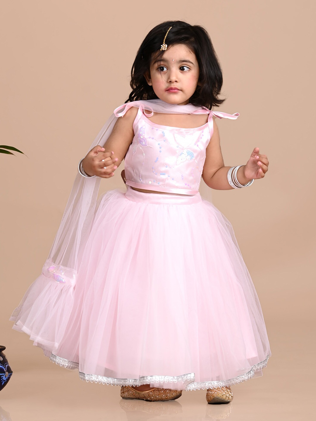 

BAESD Girls Embroidered Sequinned Net Ready to Wear Lehenga & Blouse With Dupatta, Pink