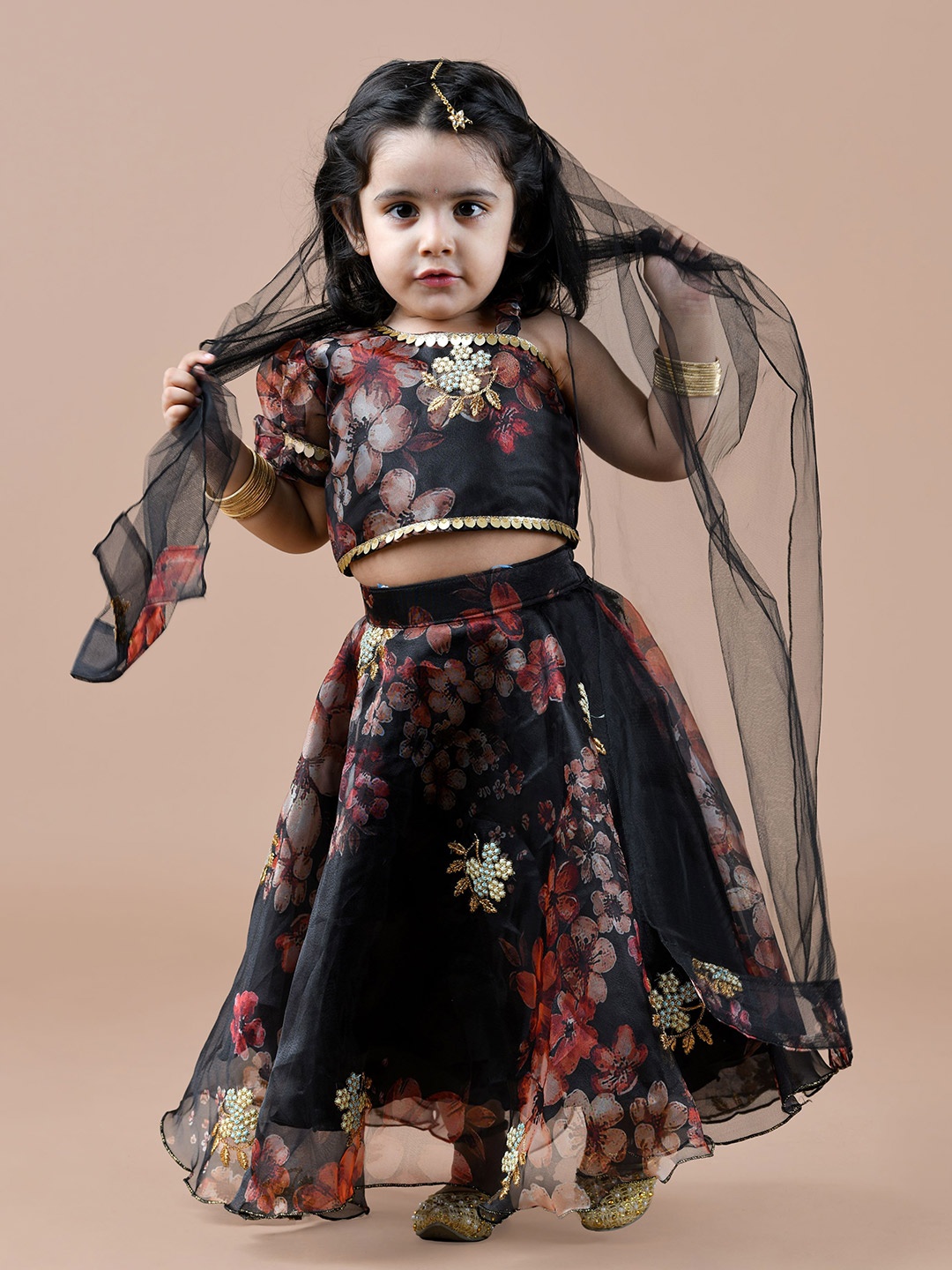 

BAESD Girls Printed Organza Ready to Wear Lehenga & Blouse With Dupatta, Black