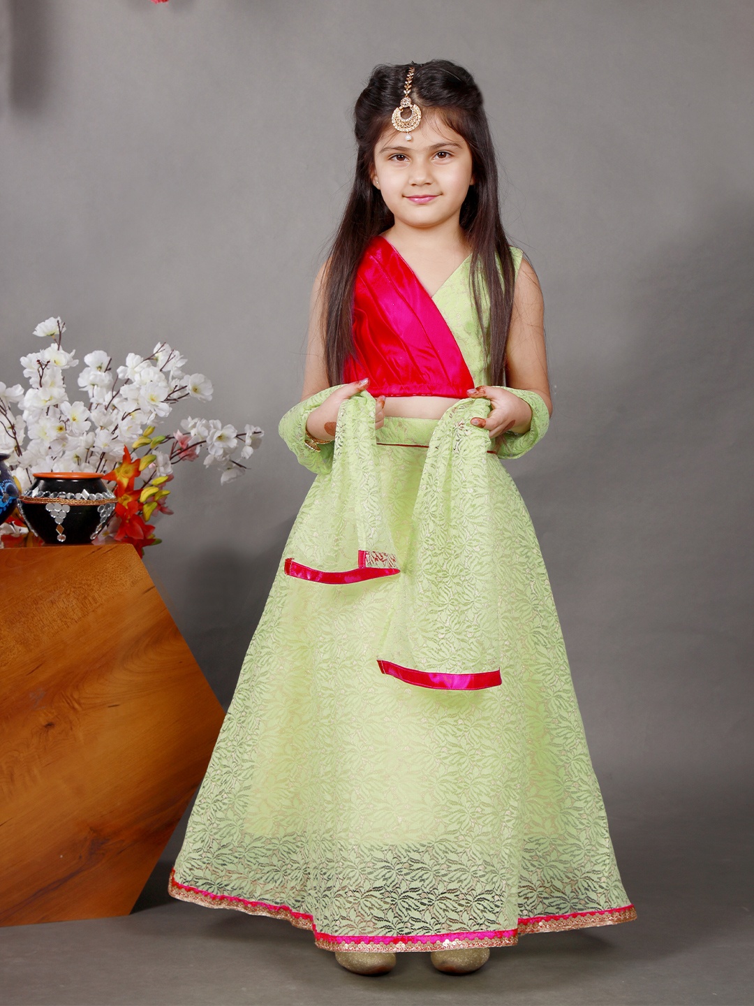 

BAESD Girls Embellished Net Ready to Wear Lehenga & Blouse With Dupatta, Green