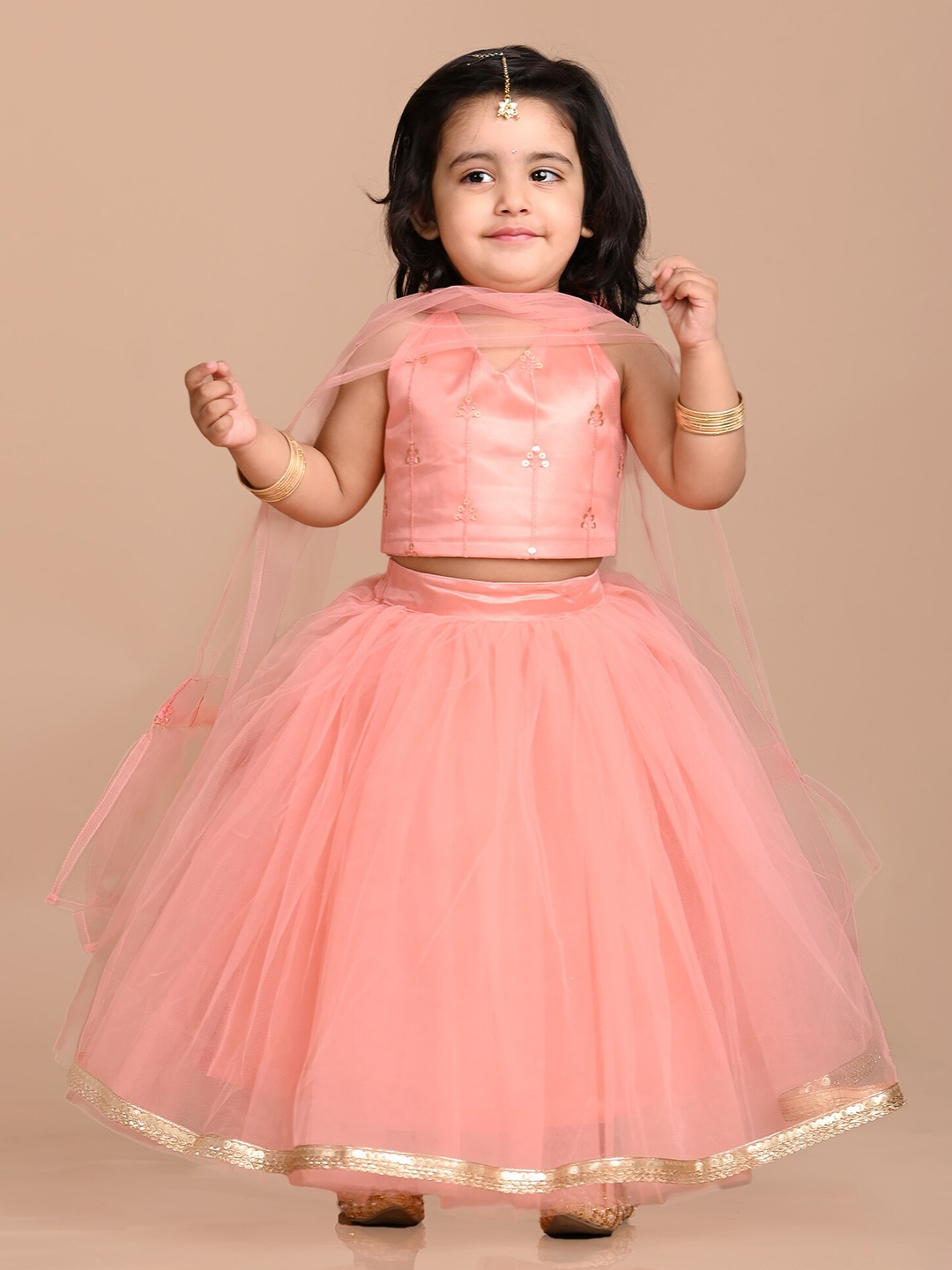 

BAESD Girls Embroidered Net Thread Work Ready to Wear Lehenga & Blouse With Dupatta, Peach