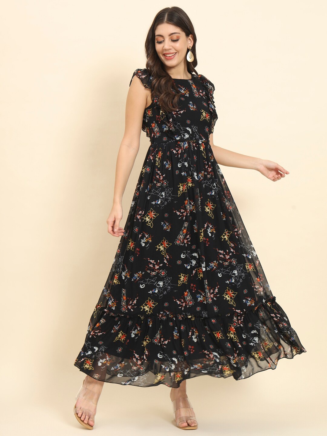 

HERE&NOW Floral Printed Round Neck Cap Sleeves Maxi Dress, Black