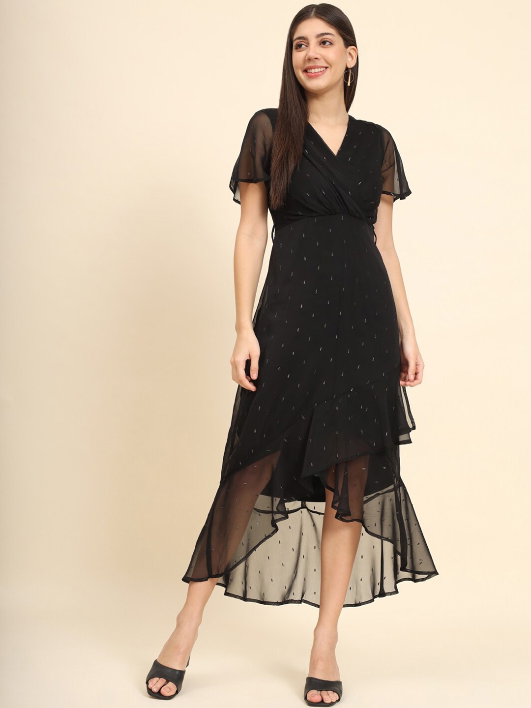 

HERE&NOW Abstract Printed Flutter Sleeve A-Line Midi Dress, Black