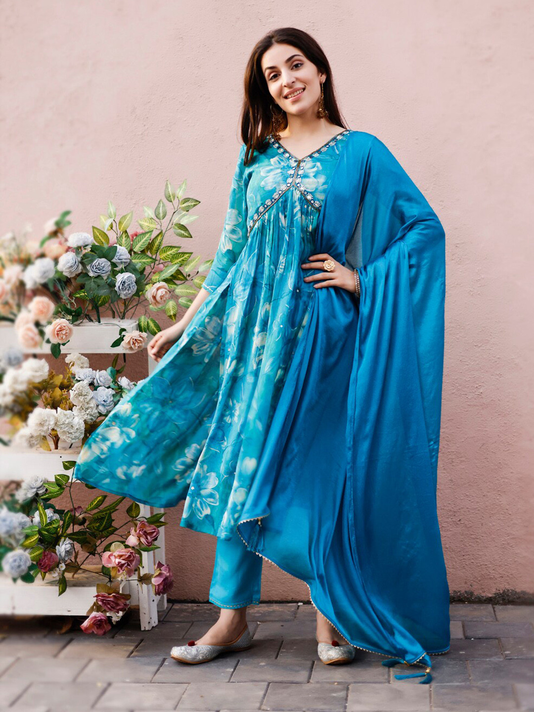 

Berrylicious Floral Printed Beads and Stones Pure Silk Kurta with Trouser & Dupatta, Blue