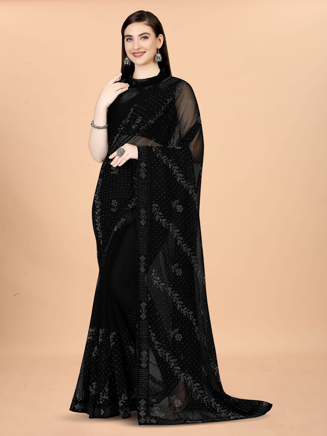 

Mitera Black Floral Embellished Beads and Stones Silk Cotton Saree