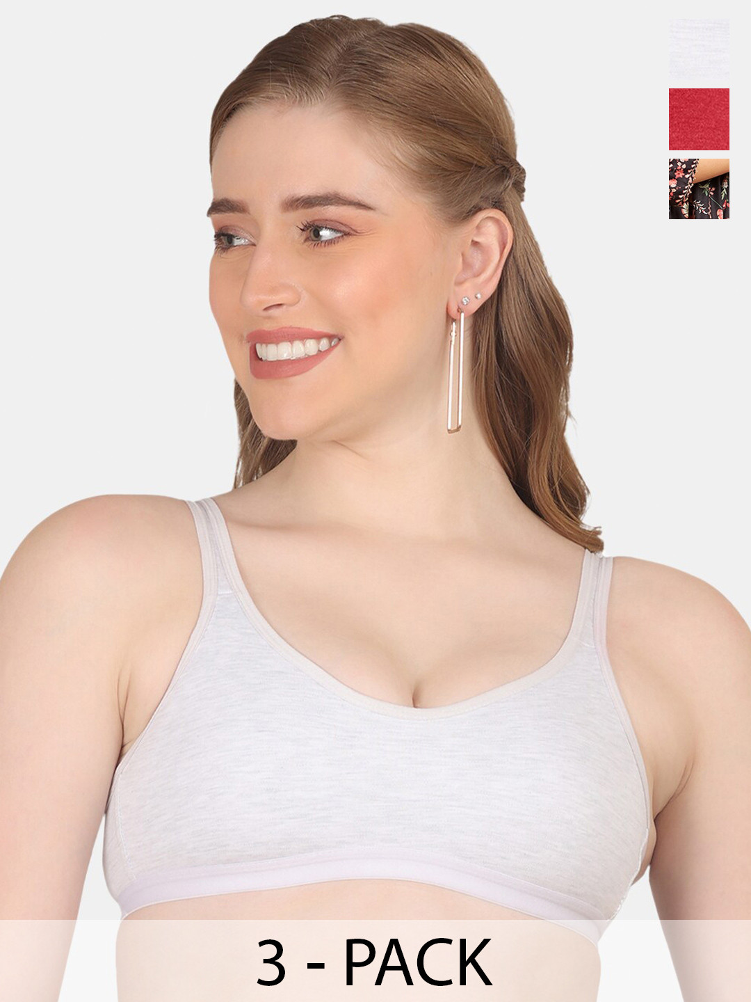 

POOJA RAGENEE Pack Of 3 Cotton Workout Bra Full Coverage Non Padded All Day Comfort, Black