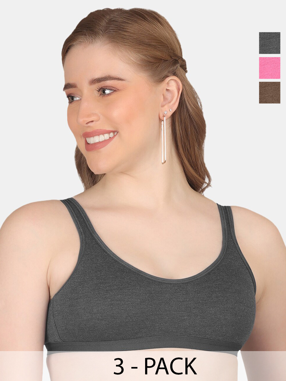 

POOJA RAGENEE Pack Of 3 Cotton Workout Bra Full Coverage Non Padded All Day Comfort, Black