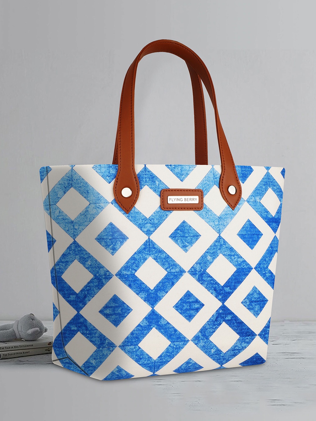 FLYING BERRY Geometric Printed Oversized Shopper Tote Bag Up to 12 inch, Blue