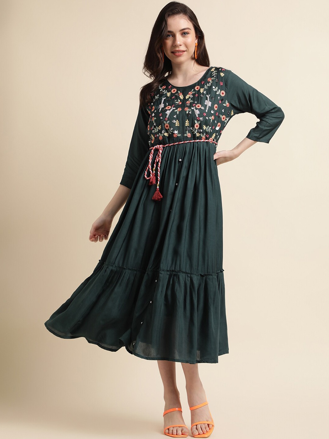 

Sangria Green Floral Embroidered Cotton A-Line Midi Dress