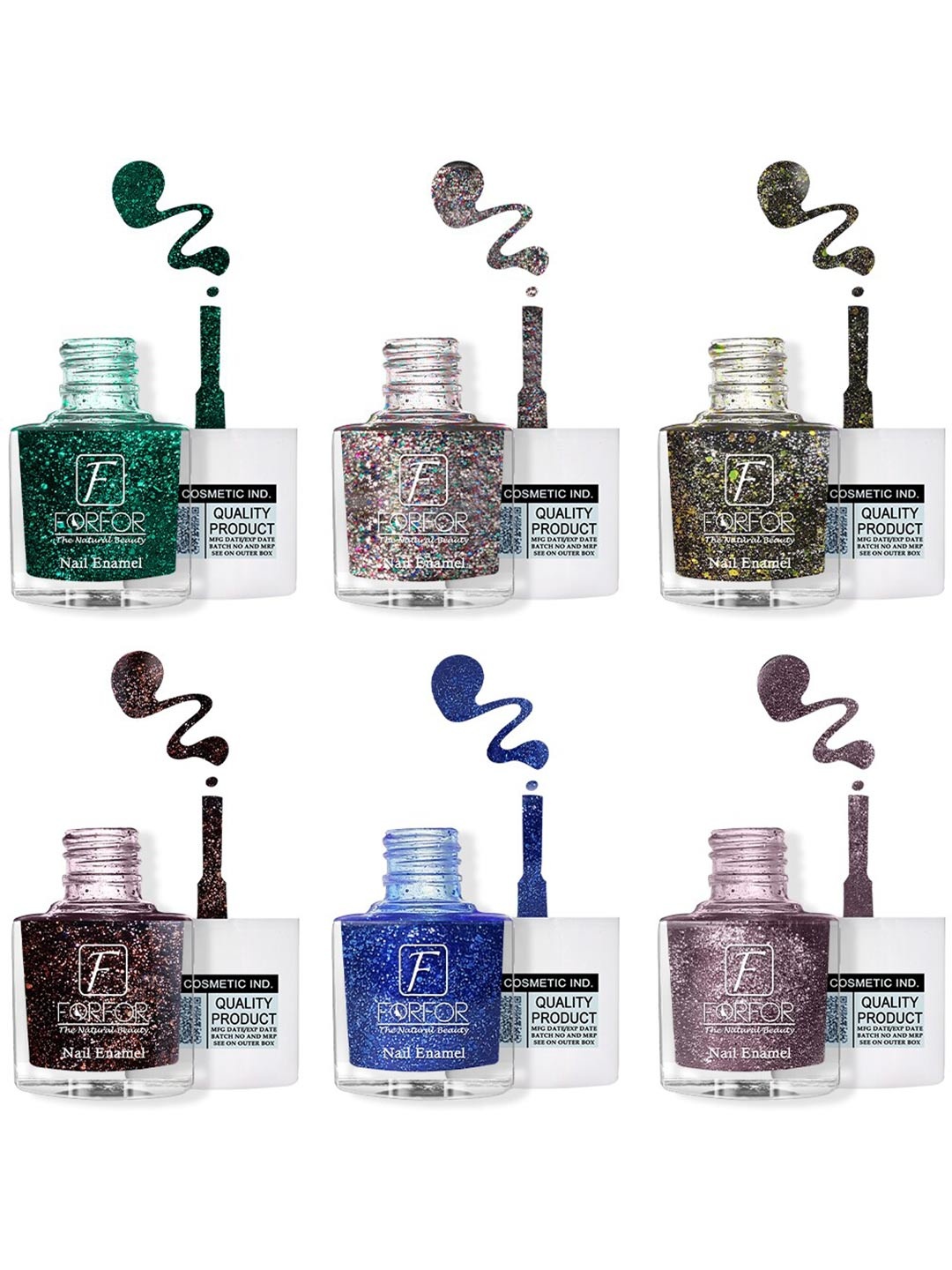 

FORFOR Set of 6 Long Lasting Quick Dry Glitter Nail Polish - 5 ml each, Multi
