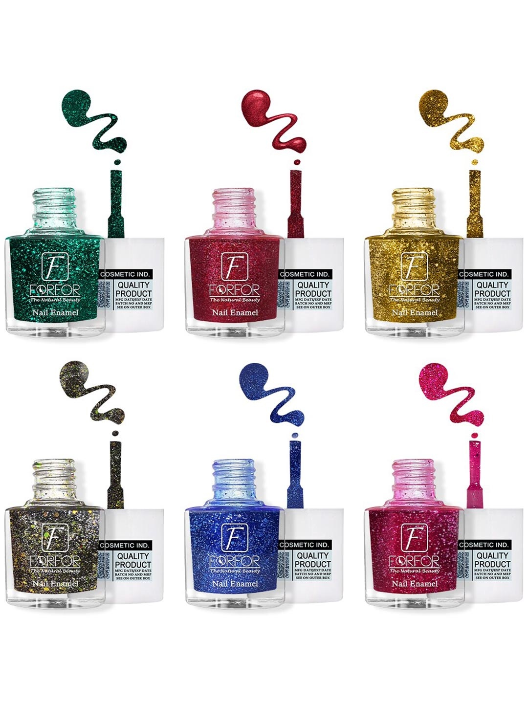 

FORFOR Set of 6 Long Lasting Quick Dry Glitter Nail Polish - 5 ml each, Multi