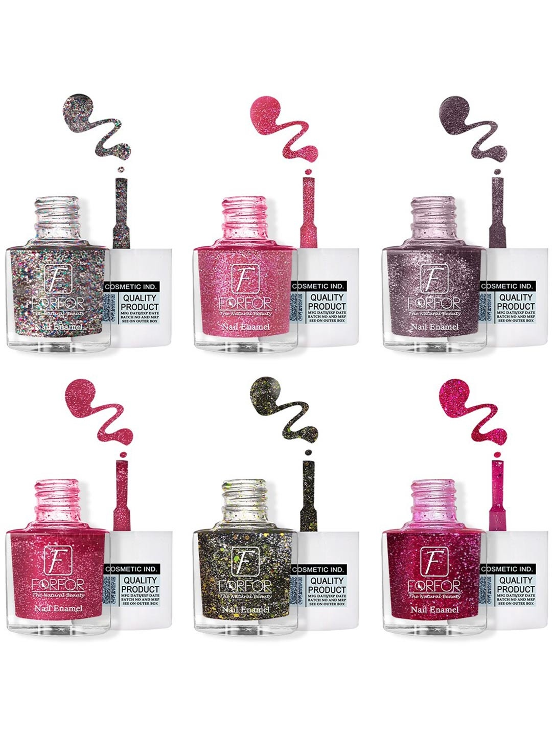 

FORFOR Set of 6 Long Lasting Quick Dry Glitter Nail Polish - 5 ml each, Multi