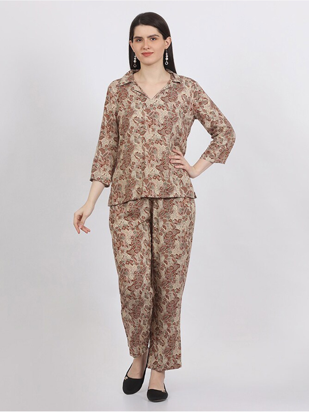 

MAIYEE Printed Shirt & Trousers Co-Ords Set, Beige