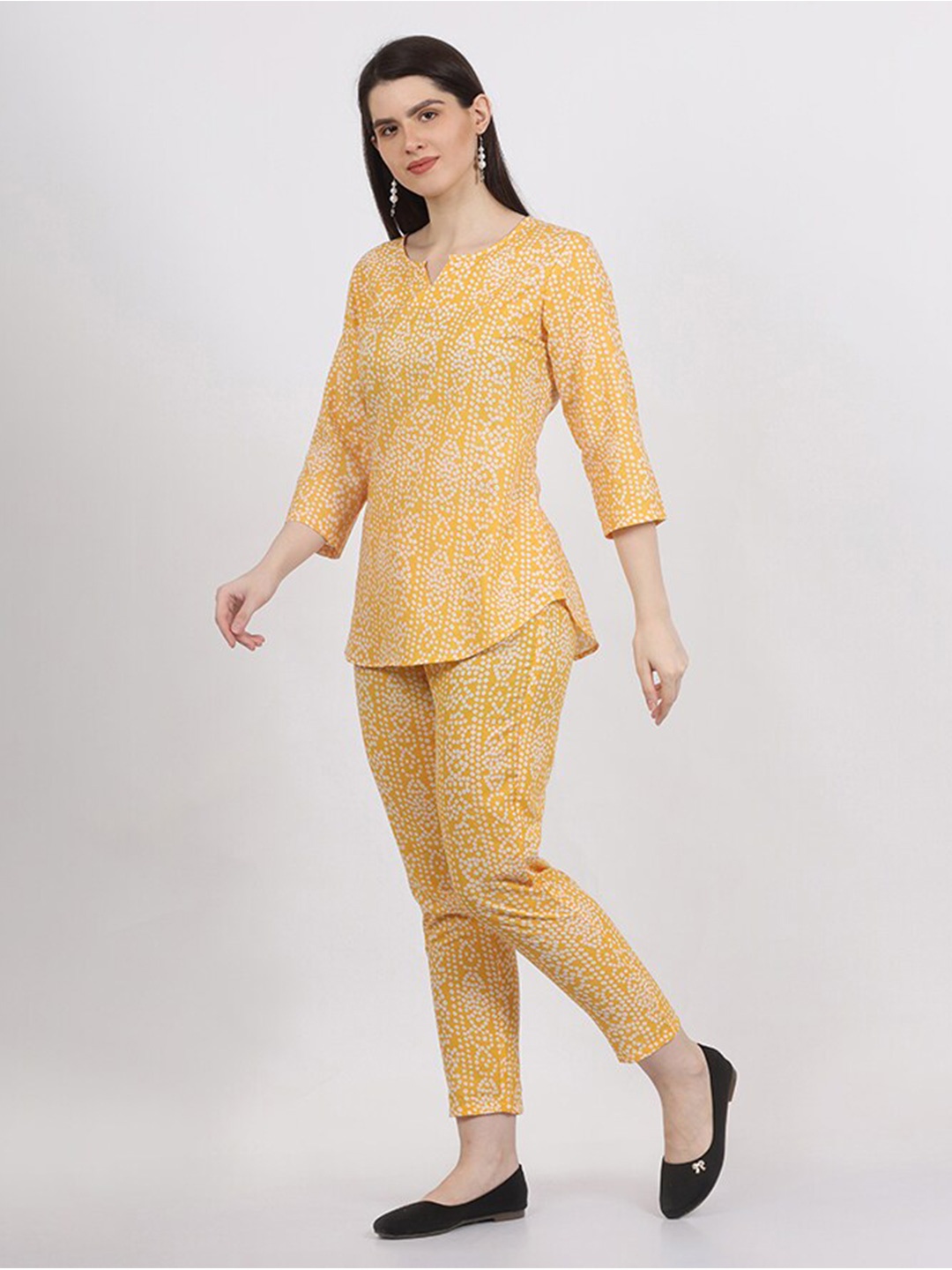 

MAIYEE Printed Pure Cotton Tunic & Trousers Co-Ords Set, Yellow