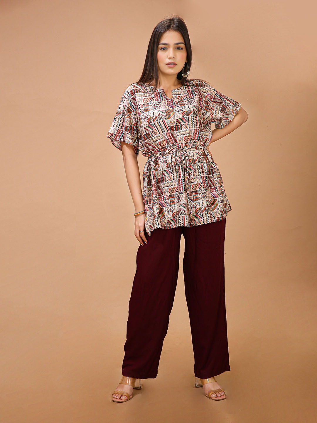 

MAIYEE Printed Tunic & Palazzos Co-Ords Set, Beige