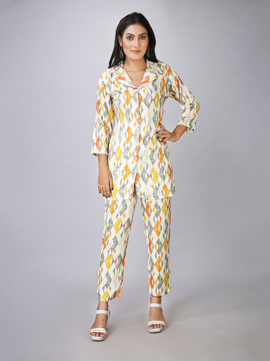 

MAIYEE Geometric Printed Shirt Collar Tunic & Trousers, Beige