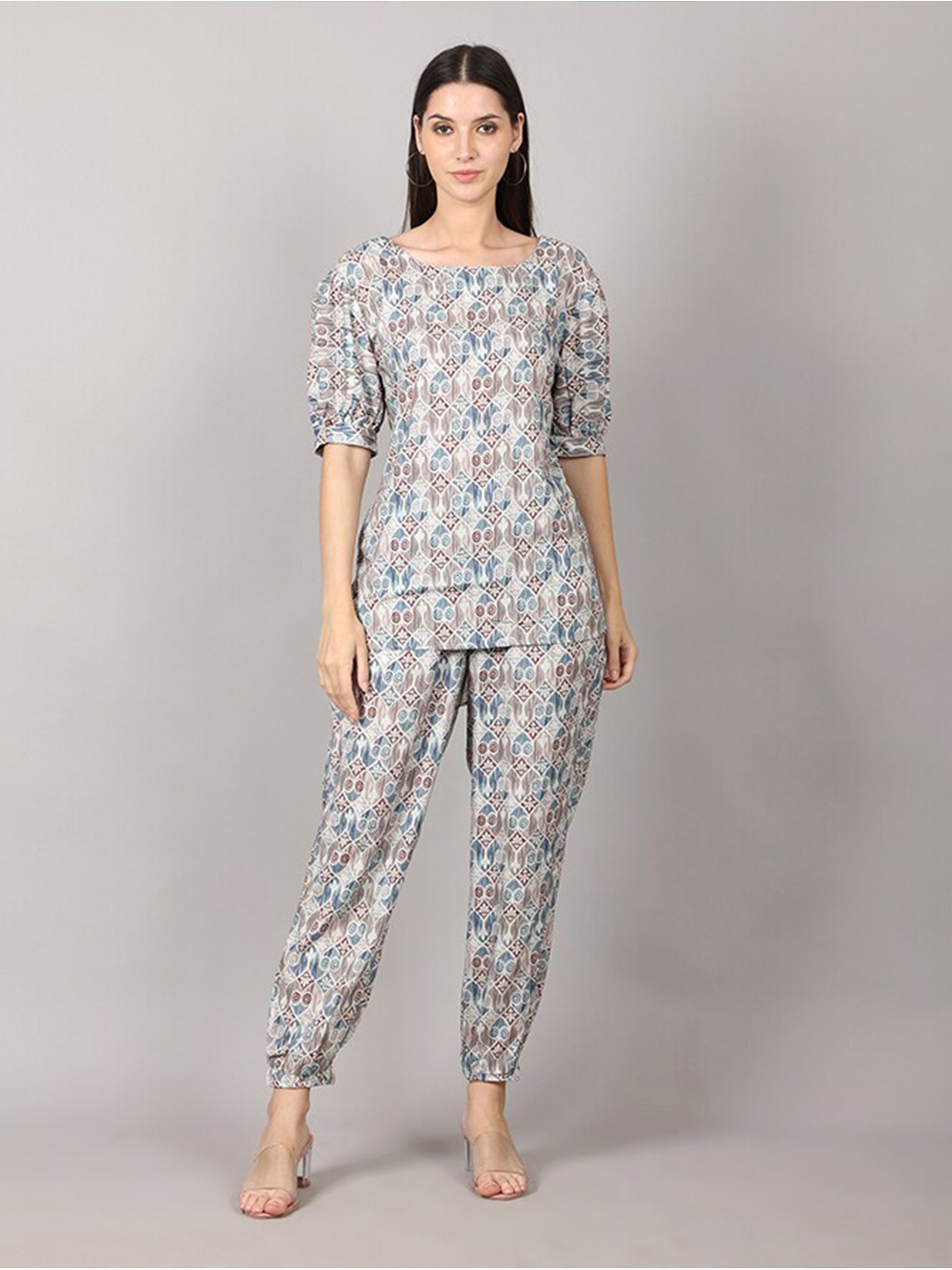 

MAIYEE Ethnic Motifs Printed Tunic & Trousers Co-Ords Set, White