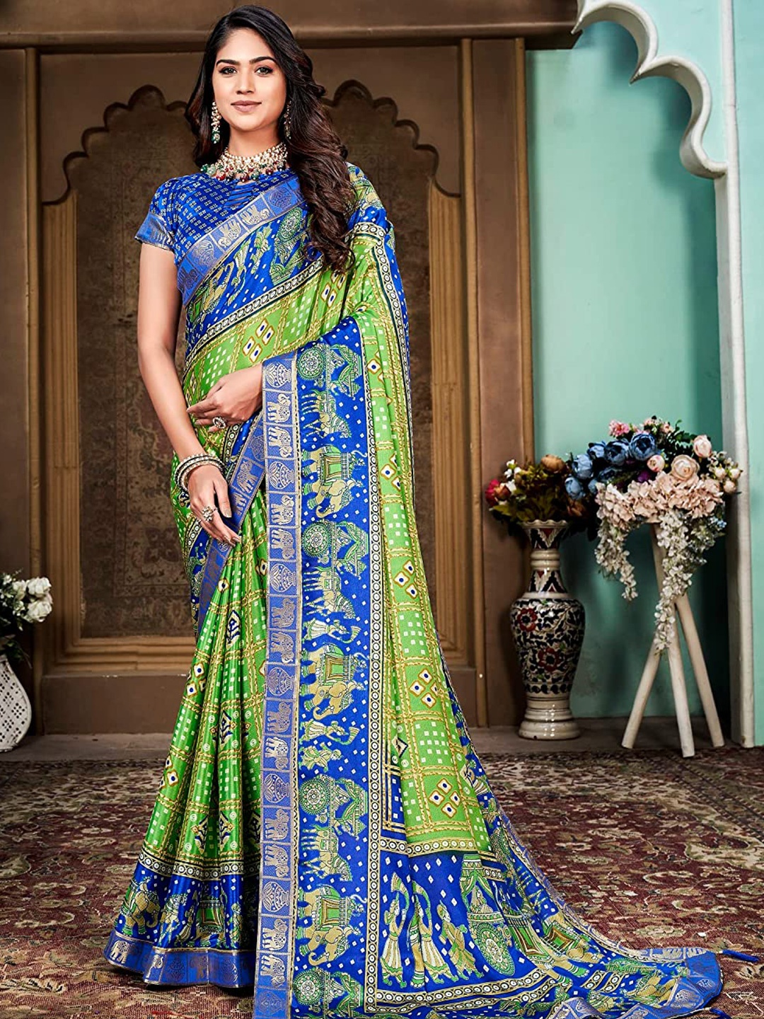 

KALINI Bandhani Zari Silk Cotton Paithani Saree, Green