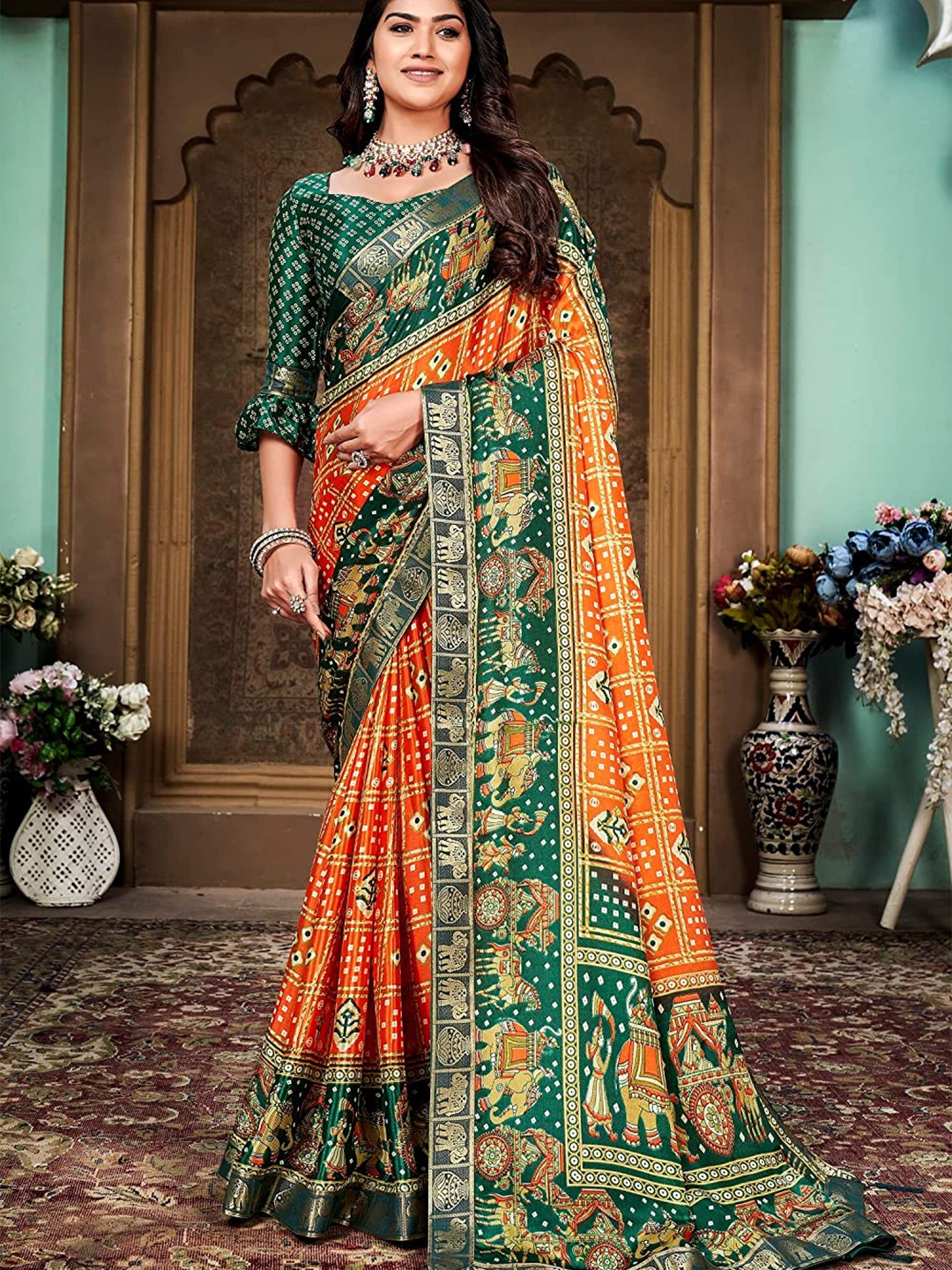 

KALINI Bandhani Zari Silk Cotton Paithani Saree, Orange