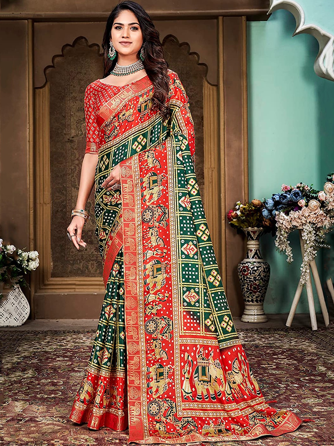 

KALINI Bandhani Zari Silk Cotton Saree, Green