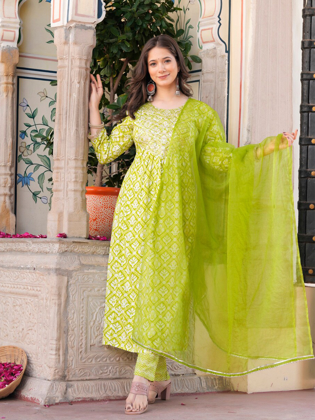

KALINI Floral Embroidered Empire A-Line Kurta & Palazzos With Dupatta, Lime green
