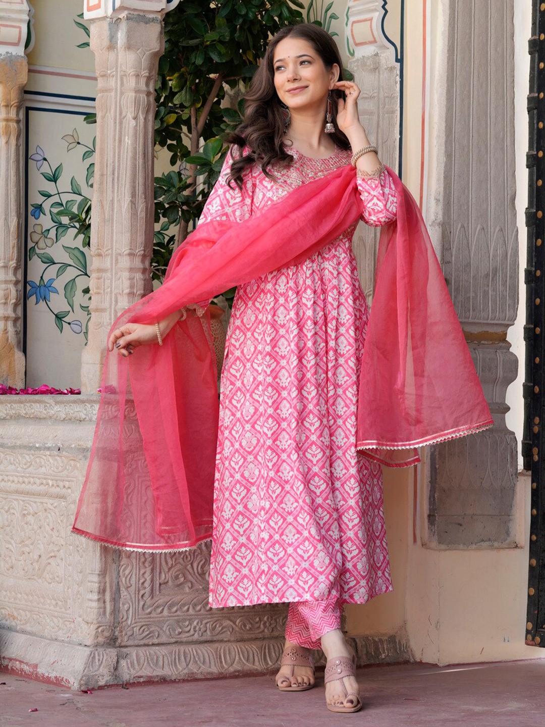 

KALINI Floral Embroidered Round Neck Anarkali Kurta & Palazzos With Dupatta, Pink