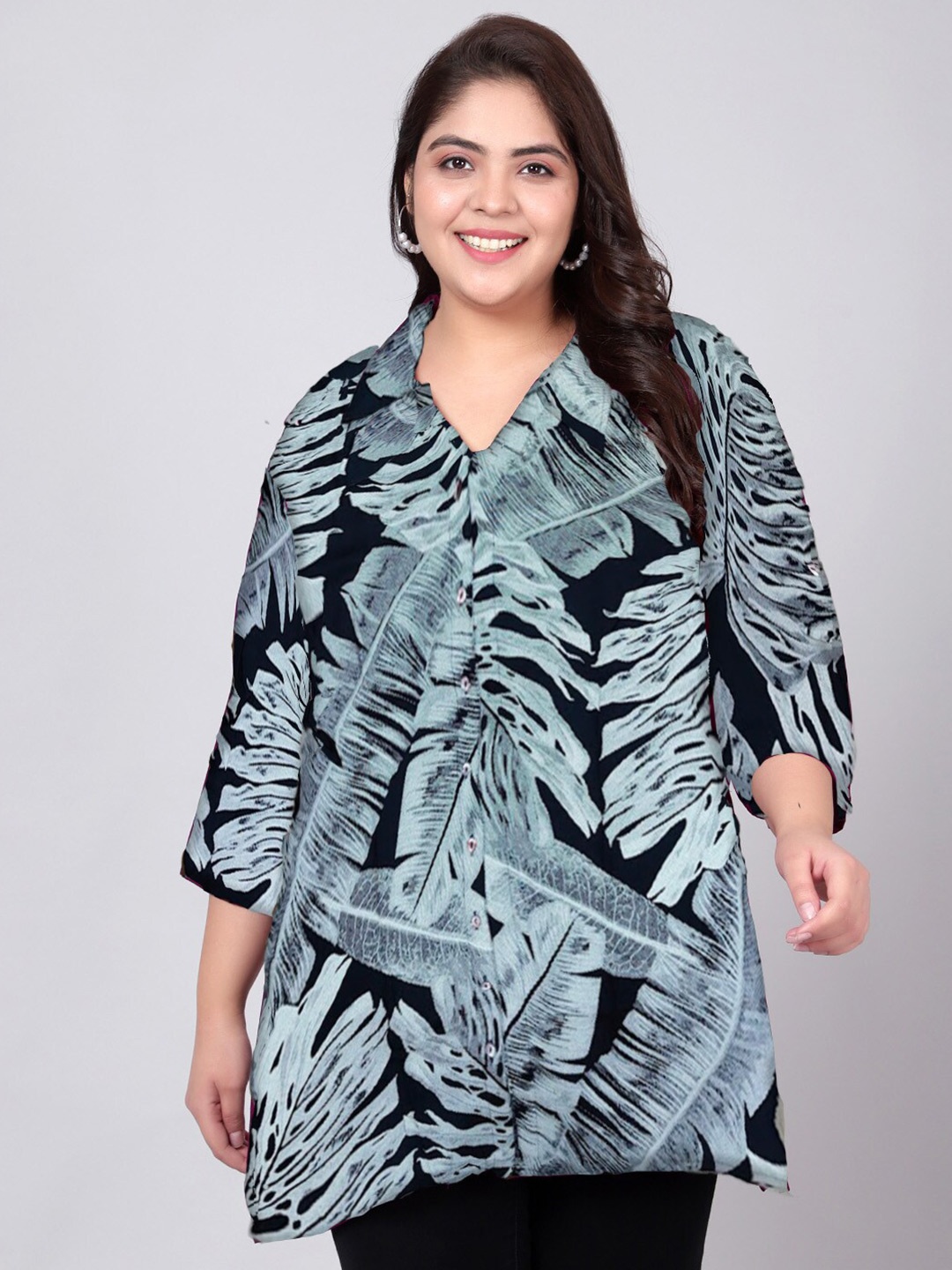 

Indietoga Women Plus Size Classic Printed Viscose Rayon Longline Shirt, Blue