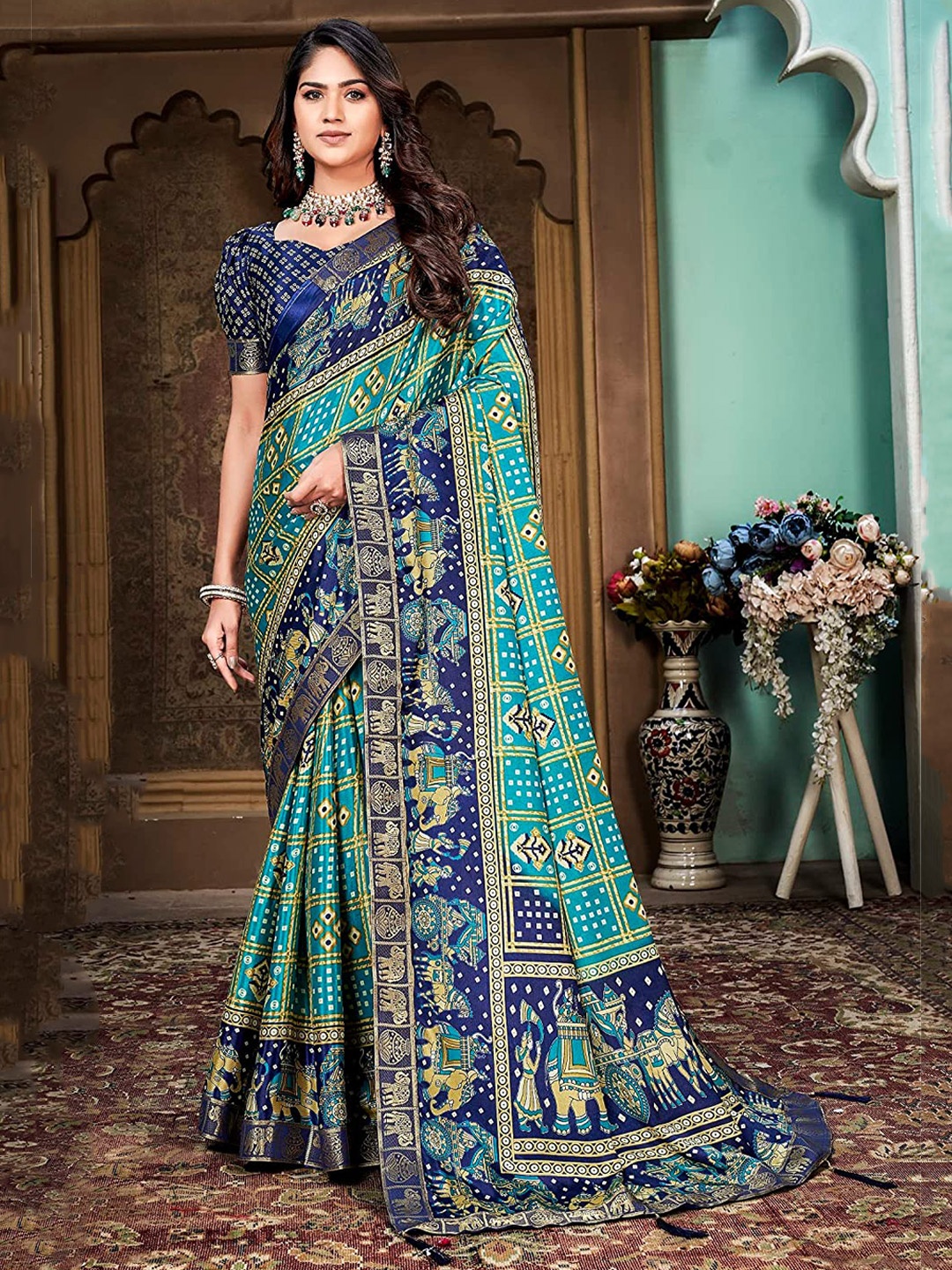 

Mitera Blue & Green Bandhani Zari Silk Cotton Saree