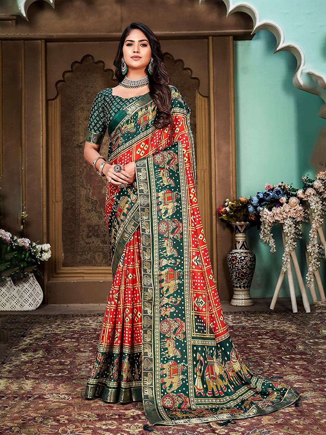 

Mitera Red & Green Bandhani Zari Silk Cotton Saree