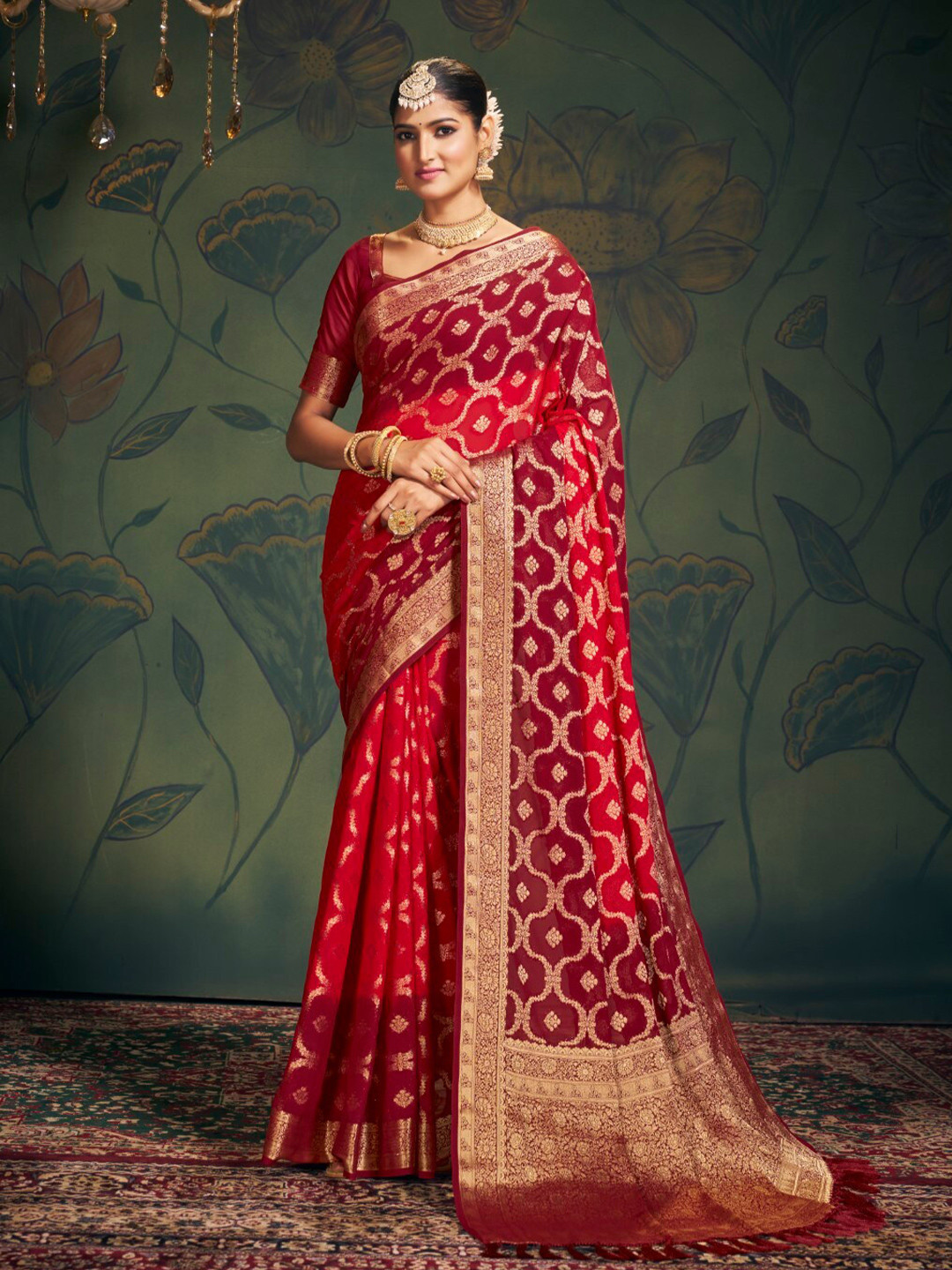 

V3 FASHION STUDIO Ethnic Motifs Woven Design Zari Pure Georgette Banarasi Saree, Red