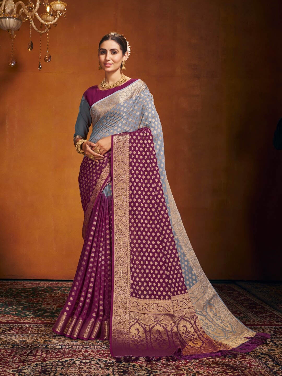 

V3 FASHION STUDIO Ethnic Motifs Woven Design Zari Pure Georgette Banarasi Saree, Purple
