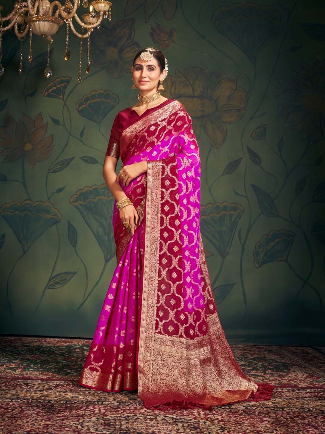 

V3 FASHION STUDIO Ethnic Motifs Woven Design Zari Pure Georgette Banarasi Saree, Pink