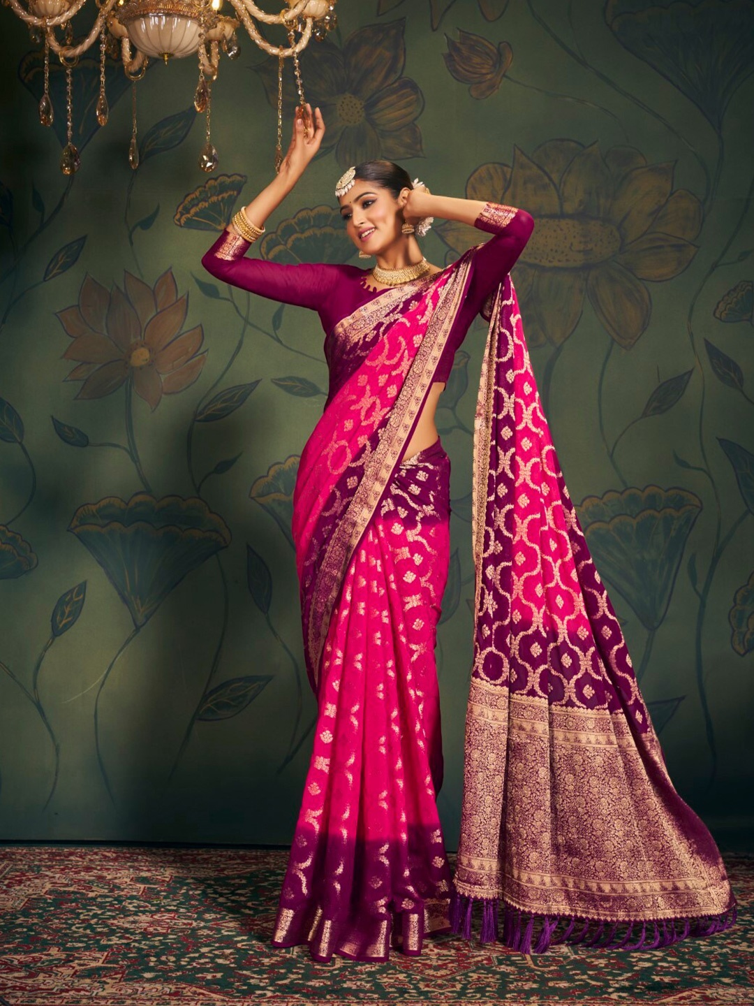 

V3 FASHION STUDIO Ethnic Motifs Woven Design Zari Pure Georgette Banarasi Saree, Pink