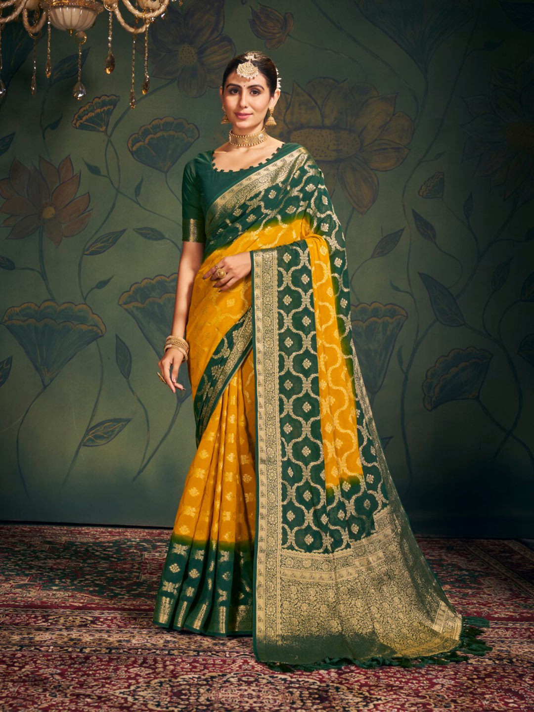 

V3 FASHION STUDIO Ethnic Motifs Woven Design Zari Pure Georgette Banarasi Saree, Yellow