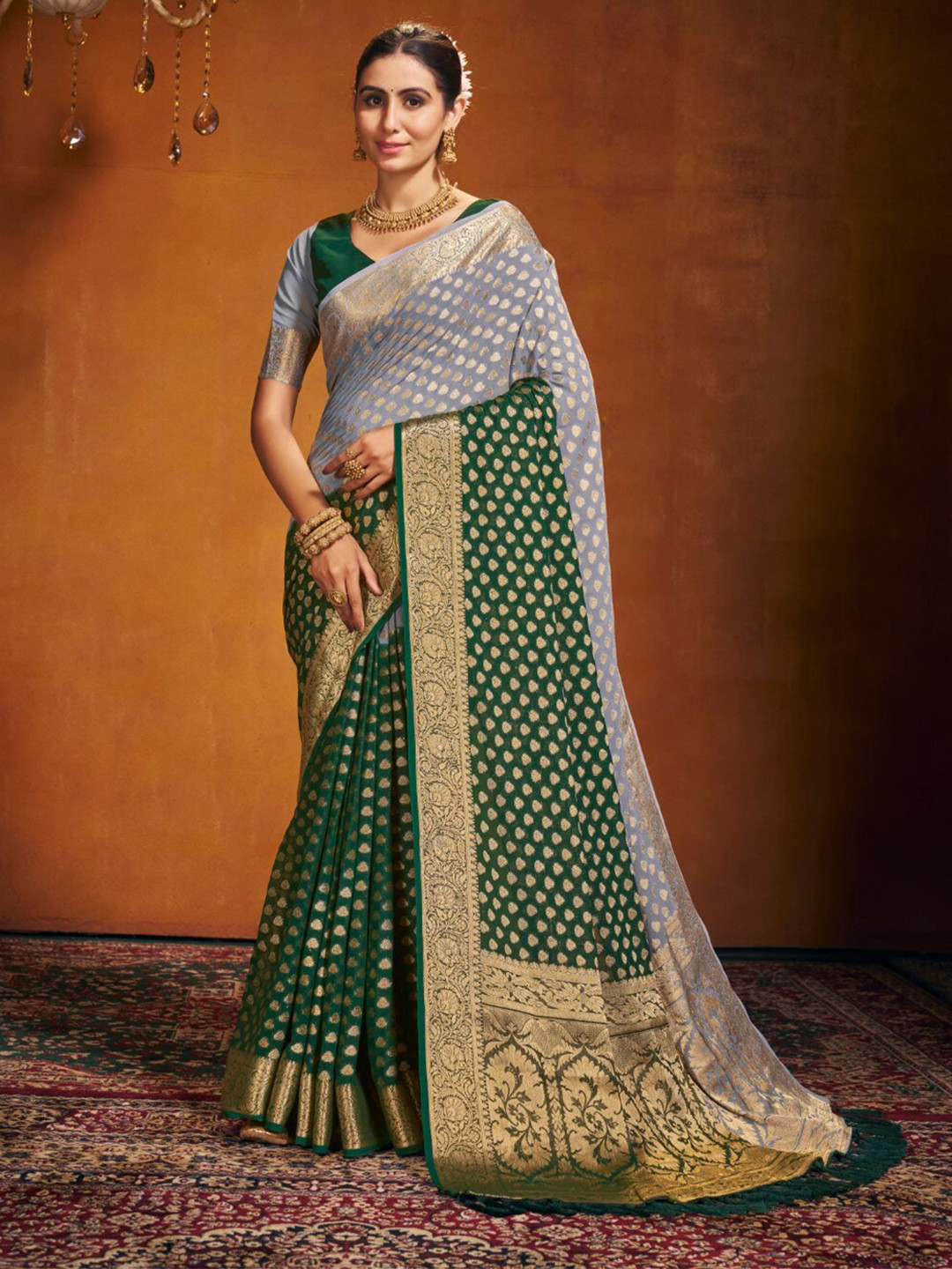 

V3 FASHION STUDIO Floral Zari Pure Georgette Banarasi Saree, Green